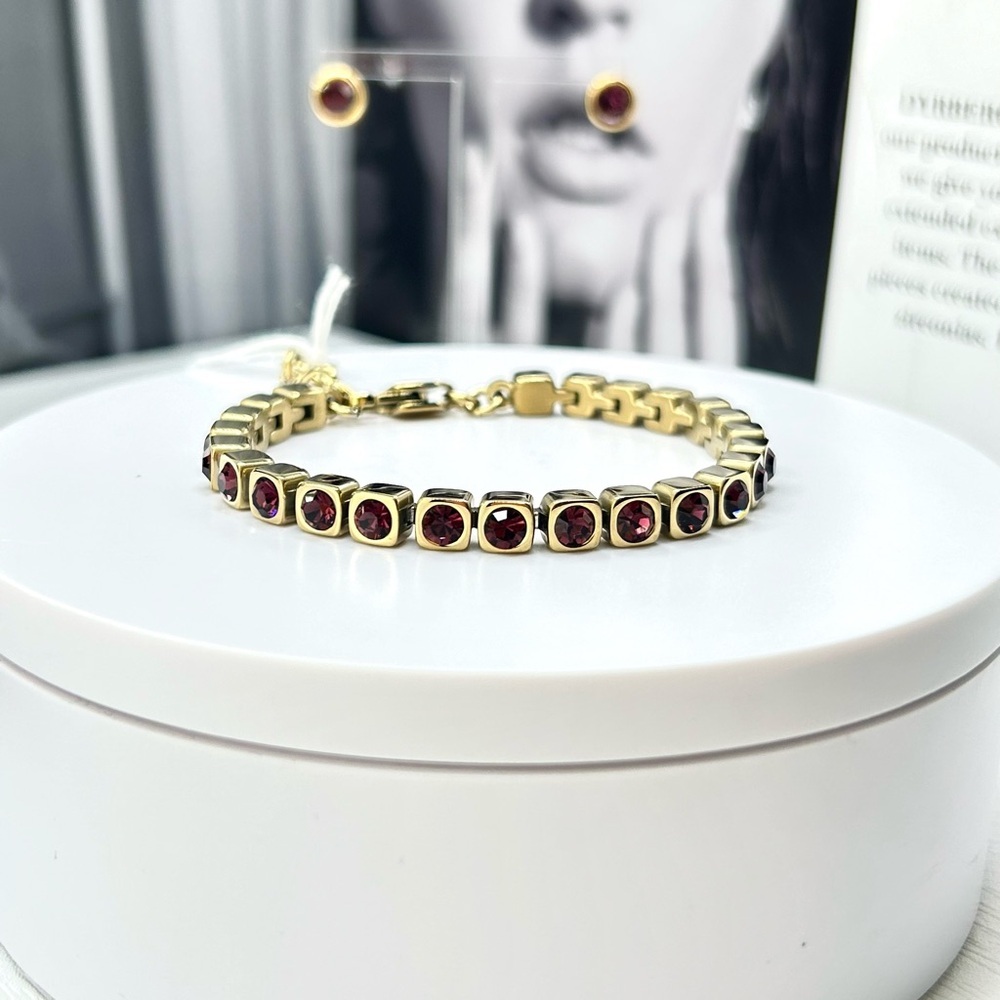 Gold Amethyst Tennis Bracelet | Sparkling Crystal Purple Jewelry |Gift-Ready NWT - Picture 9 of 10